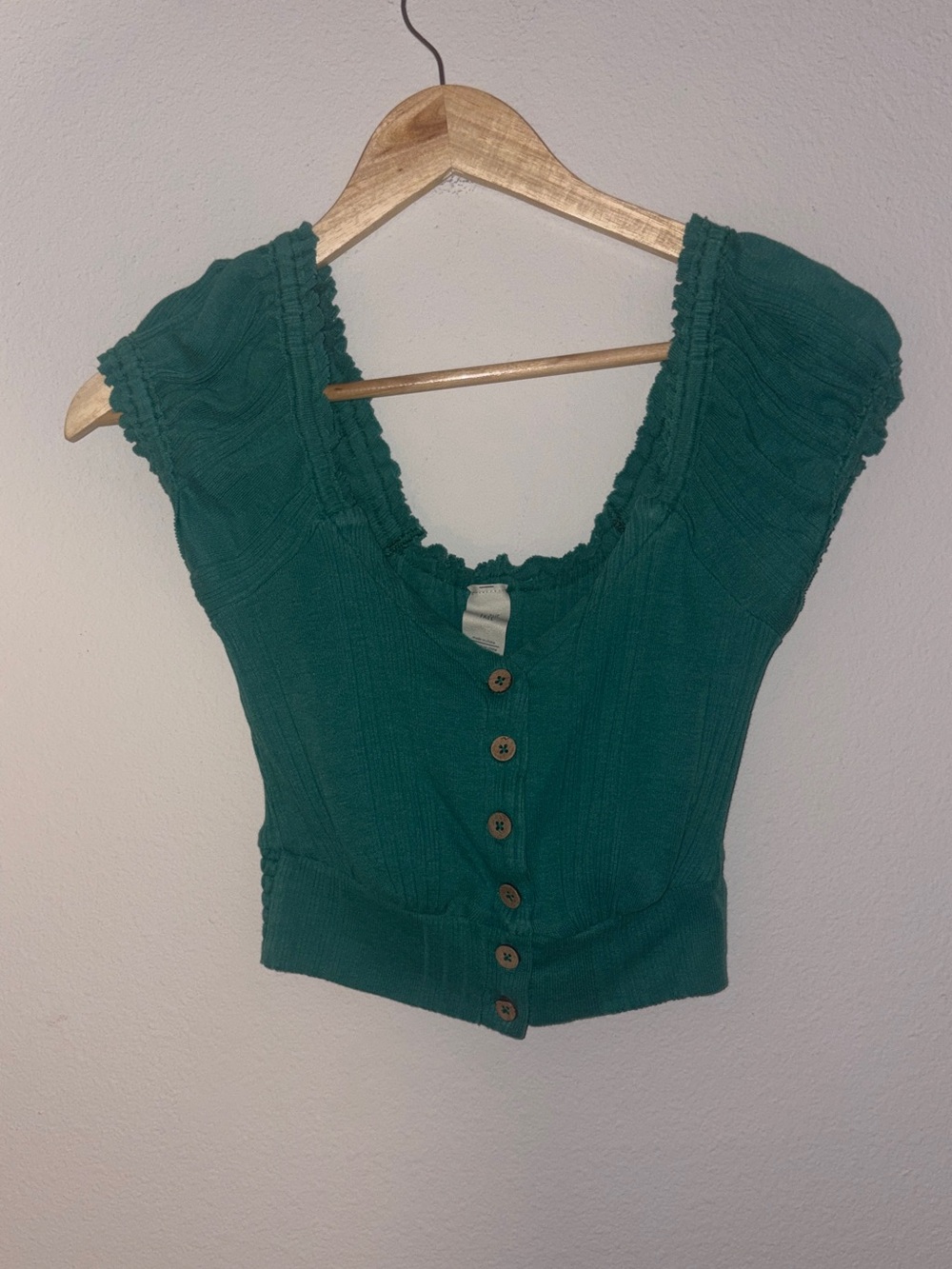 We The Free Teal Button-Front Cap Sleeve Crop Top
